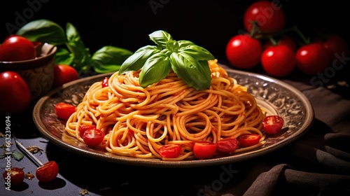 Delicious classic of pasta and spaghetti with tomato sauce in a plate on a dark table. Generative Ai 