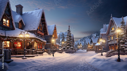 Quaint snow-covered village with charming cottages © javier