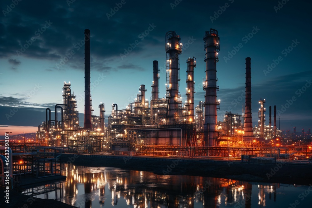 a vast oil refinery at twilight, with towering distillation columns emitting steam, surrounded by intricate pipelines, and illuminated by warm artificial lights