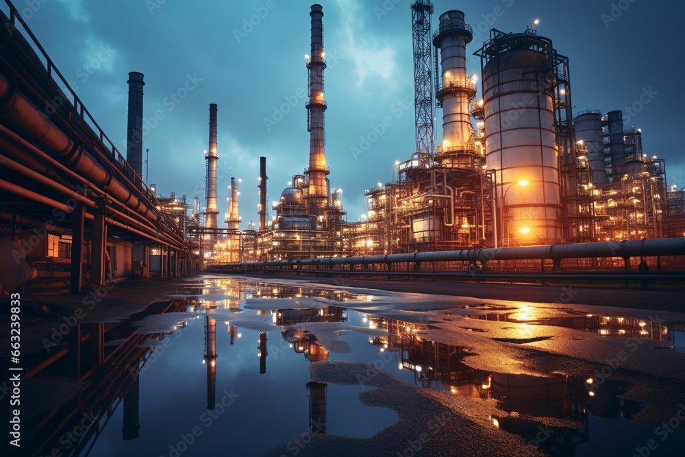 a vast oil refinery at twilight, with towering distillation columns emitting steam, surrounded by intricate pipelines, and illuminated by warm artificial lights a vast oil refinery at twilight, with towering distillation columns emitting steam, surrounded by intricate pipelines, and illuminated by warm artificial lights