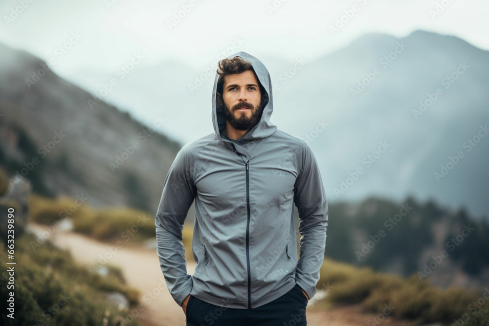 Hiking man, nature and morning fitness for freedom, running and exercise in mountains, adventure and wellness, Focus mindset of thinking runner with hoodie for cold, calm and healthy training workout