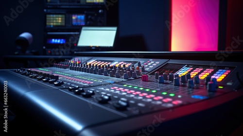 Control Desk Console Fader View on Professional Audio Sound Mixer in Modern Music Recording Studio.