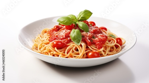 Delicious classic of pasta and spaghetti with tomato sauce in a plate on a white background. Generative Ai 