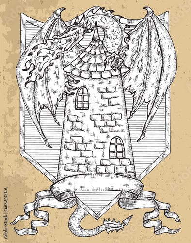 Black and white coat of arms with dragon, tower and banner against texture background. Vector hand drawn heraldry, heraldic decorative emblem, vintage illustration with historical symbols.