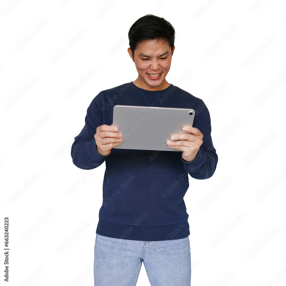 closeup young asian man use digital tablet and play game racing on website or watching entertainment media online isolated on transparent background for lifestyle and png design concept closeup young asian man use digital tablet and play game racing on website or watching entertainment media online isolated on transparent background for lifestyle and png design concept