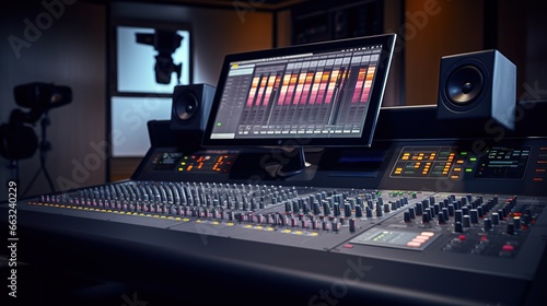 Control Desk, Console Fader View on Professional Audio Sound Mixer in Modern Music Recording Studio. photo