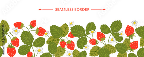 Strawberry vector seamless border. Sweet red berries, white flowers, leaves isolated on white. Summer berry fruits horizontal background. Hand drawn cartoon wild woodland strawberry illustration