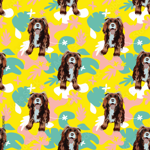 Cocker spaniel dog in one color, line art style, yellow illustration. Dog stroke outline. Hand-drawn icons, Simple dog, summer vibe wallpaper with leaves, palms, flowers, and plants. Birthday fabric. photo