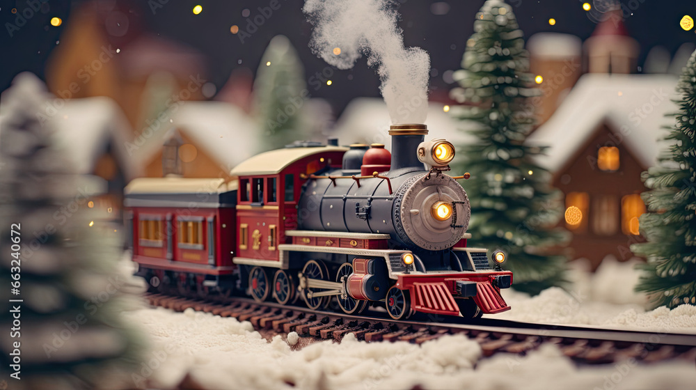 Whimsical Scene with Toy Train and Christmas Tree