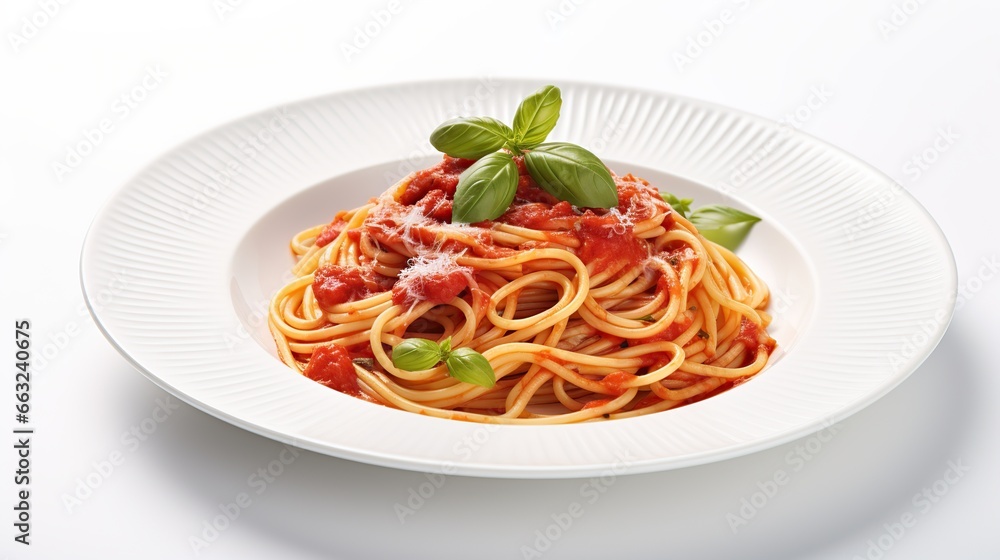 Delicious classic of pasta and spaghetti with tomato sauce in a plate on a white background. Generative Ai Delicious classic of pasta and spaghetti with tomato sauce in a plate on a white background. Generative Ai