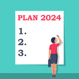 Plan 2024. To do list for next year. Vector illustration flat design. Isolated on white background. Businesswoman writes a motivational plan. Challenge for future.