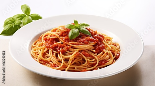 Delicious classic of pasta and spaghetti with tomato sauce in a plate on a white background. Generative Ai 