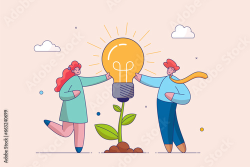 Cultivating idea. Team brainstorming, new idea generation, startup collaboration, idea management, project management, product development, find solution. Isolated flat vector illustration.