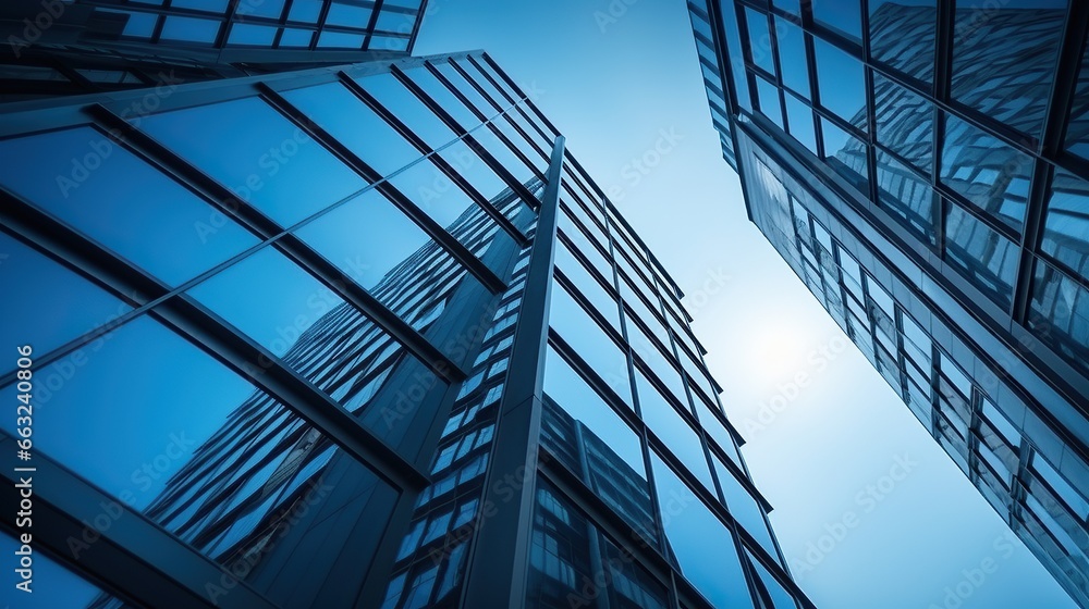 Modern urban office building, view from below. Blue Modern Office Building Modern urban office building, view from below. Blue Modern Office Building
