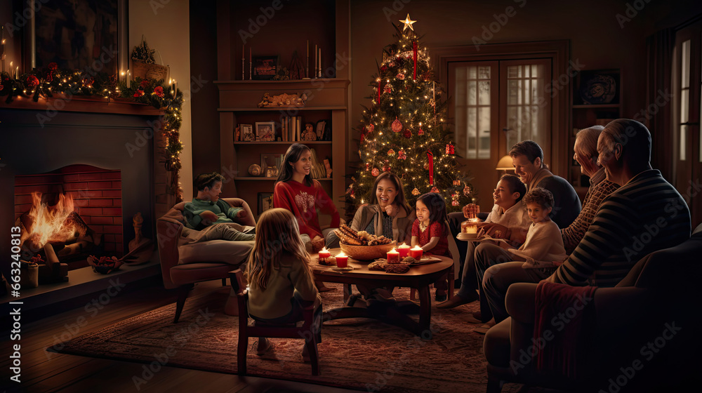 Joyful Family Scene by Warm Fireplace