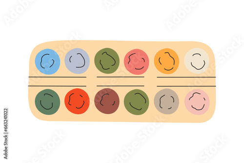 Watercolor paints box. Watercolour palette and paintbrush. Water colour pallette case with different dyes for artist. Colored flat vector illustration isolated on white background