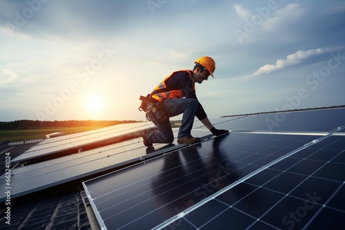 Engineer maintaining solar cell panels on the rooftop, Engineer worker install solar panel. Clean energy concept.