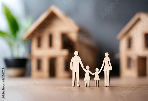 Home and Love Concept: Wooden Figurines in a Happy Family Dreaming of Home