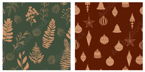 Collection of vintage Christmas seamless pattern with christmas decoration toys and winter plants. Editable vector illustration.