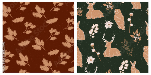 Collection of vintage Christmas seamless pattern with forest animals and winter plants. Editable vector illustration.