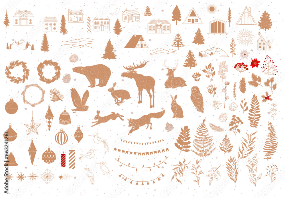 Collection of vintage Christmas cliparts. Woodland Christmas, Winter plants, cabine, Christmas decorations. Editable Vector illustration.