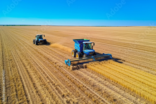Tractor combine harvester in background of cereal agriculture field. Agriculture concept of harvest and production.