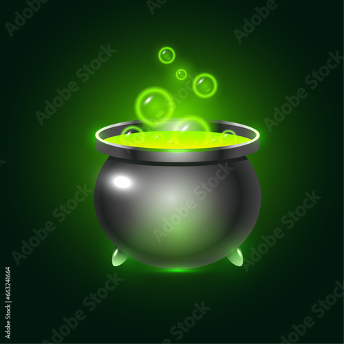 large round black cauldron with green potion and bubbles. vector with an iron cauldron in which a witchcraft potion is brewed