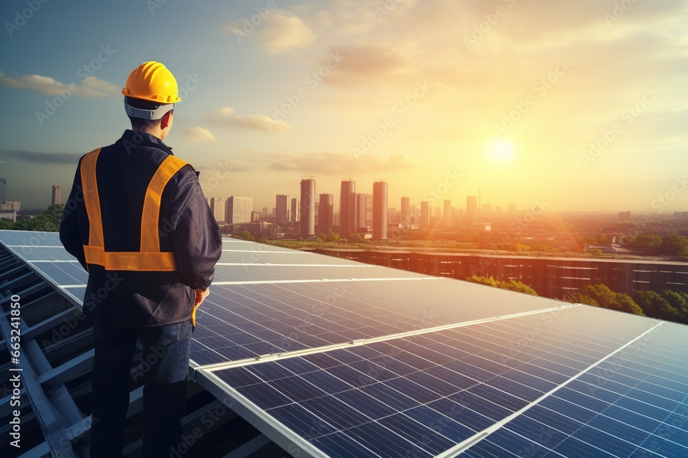 Engineer maintaining solar cell panels on the rooftop, Engineer worker install solar panel. Clean energy concept. Engineer maintaining solar cell panels on the rooftop, Engineer worker install solar panel. Clean energy concept.