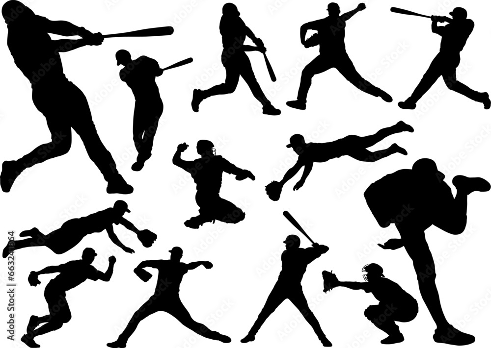 Vector set of Baseball Players Silhouettes - obrazy, fototapety, plakaty 