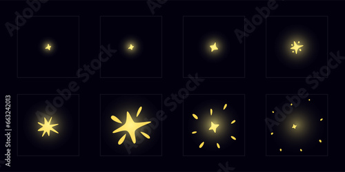 Shine light FX animation frame. Shine effect sprite sheet for video games, cartoon, advertising video and motion design. Hand drawn vector illustration.
