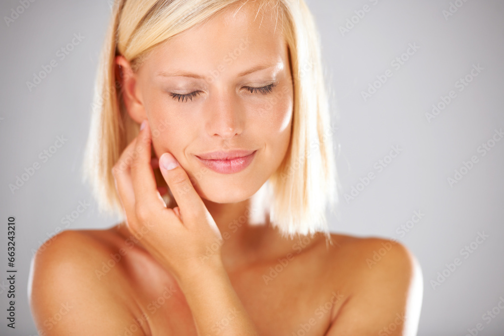 Beauty, face and relax woman feeling facial cosmetics results, smooth skincare texture or natural makeup foundation. Spa salon wellness, eyes closed and aesthetic studio model on white background Beauty, face and relax woman feeling facial cosmetics results, smooth skincare texture or natural makeup foundation. Spa salon wellness, eyes closed and aesthetic studio model on white background
