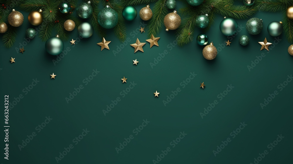 Christmas ornament lay top on green and gold background. Generative ai Christmas ornament lay top on green and gold background. Generative ai