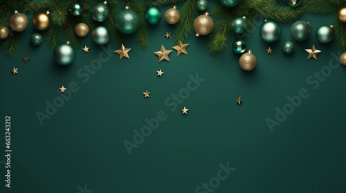 Christmas ornament lay top on green and gold background. Generative ai photo