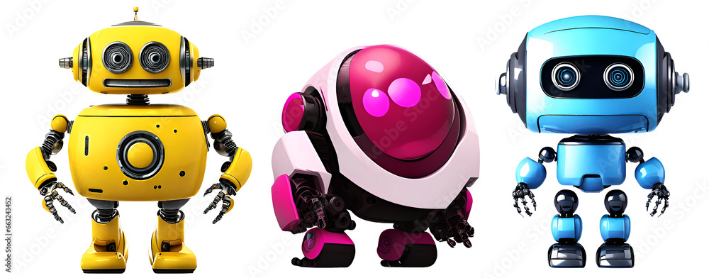 Three cute yellow, red, blue robots are smiling. With a round head and a cubic body on a transparent background. Three cute yellow, red, blue robots are smiling. With a round head and a cubic body on a transparent background.
