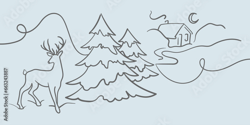 Winter landscape with deer on a blue background. Christmas one line continuous drawing illustration.