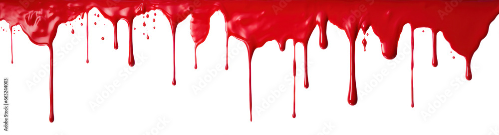 Red paint drips and flows down from the top of the picture, isolated - obrazy, fototapety, plakaty 