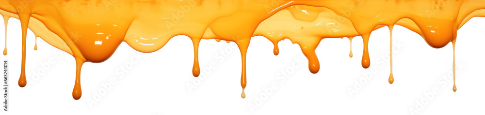 Orange paint drips and flows down from the top of the picture, isolated - obrazy, fototapety, plakaty 
