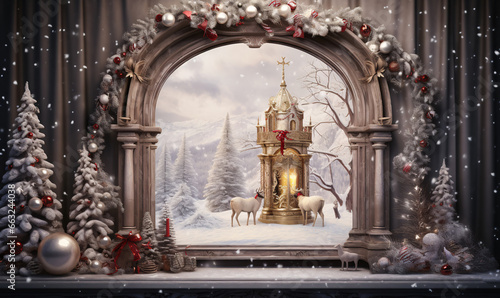 Christmas view of a snow-covered magic tower and several deer in a snowy forest. The whole picture is framed in a Christmas decorative style. Happy Holidays. AI digital art