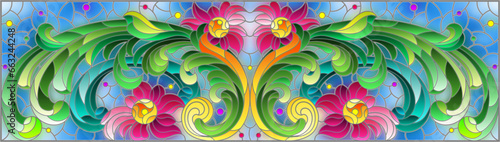 Illustration in stained glass style with abstract flowers, leaves and curls on a blue background, rectangular horizontal image