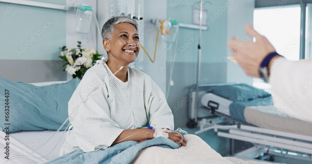 Hospital, doctor and woman consulting with good news with ventilation tube for oxygen, medical service and care. Healthcare, happy and mature person smile for surgery recovery, wellness and results Hospital, doctor and woman consulting with good news with ventilation tube for oxygen, medical service and care. Healthcare, happy and mature person smile for surgery recovery, wellness and results