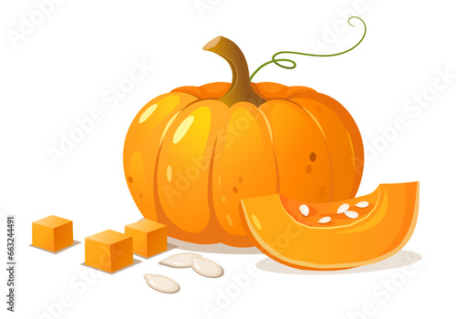Whole pumpkin with pumpkin slice, cubes and seeds