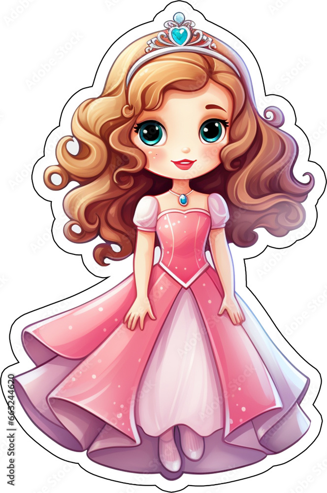 Pink Princess Sticker with cut lines, Cartoon Style Pink Princess Sticker with cut lines, Cartoon Style