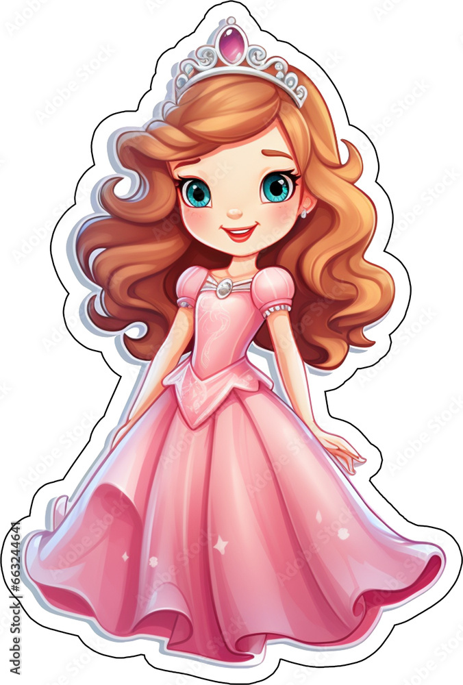 Pink Princess Sticker with cut lines, Cartoon Style