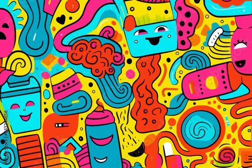 Pop art quirky doodle pattern, wallpaper, background, cartoon, vector, whimsical Illustration