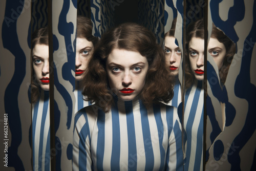 a girl with multiple personality disorder, abstract style. Trauma and split personality. Generated AI