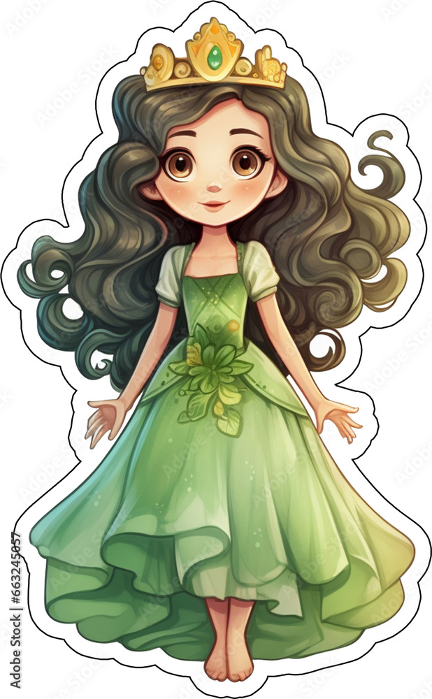 Green Princess Sticker with cut lines, Cartoon Style Green Princess Sticker with cut lines, Cartoon Style