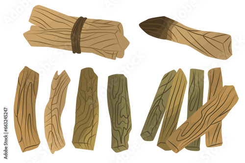 Set with Holy sacred Palo Santo incense sticks. The practice of cleansing by burning incense. Maintaining life balance, replenishing energy. Vector illustration isolated on white background.