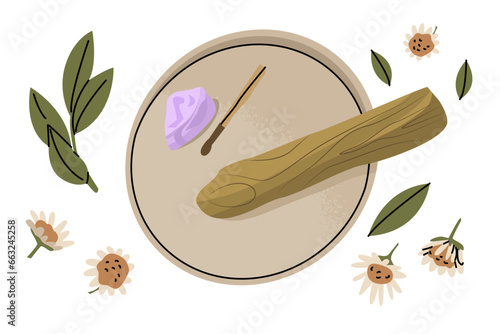 Holy sacred Palo Santo incense sticks. The practice of cleansing by burning incense. Maintaining life balance, replenishing energy. Vector illustration isolated on white background.