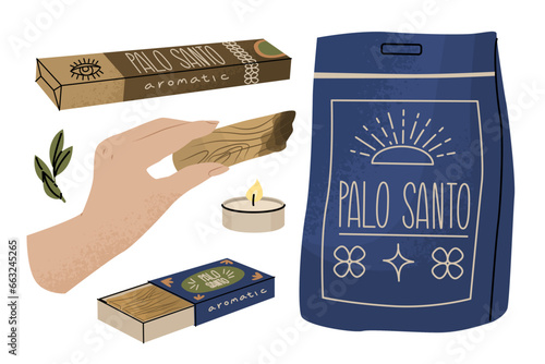 Holy sacred Palo Santo incense sticks. The practice of cleansing by burning incense. Maintaining life balance, replenishing energy. Vector illustration isolated on white background.