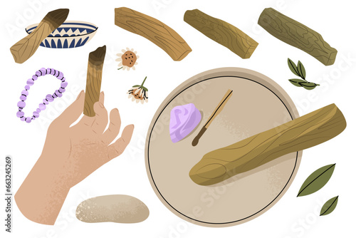 Holy sacred Palo Santo incense sticks. The practice of cleansing by burning incense. Maintaining life balance, replenishing energy. Vector illustration isolated on white background.